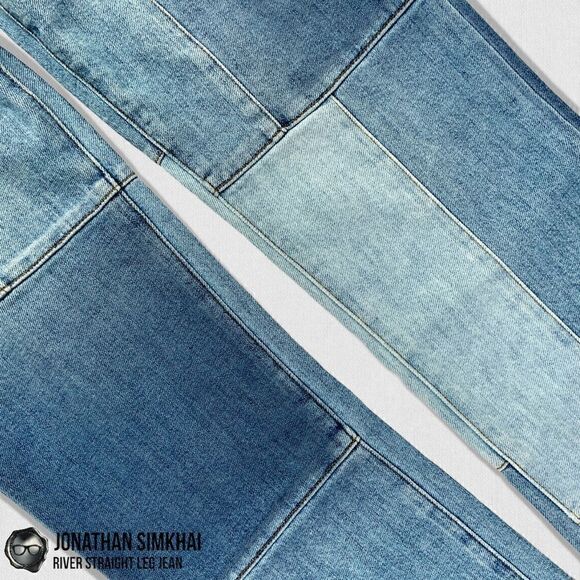 JONATHAN SIMKHAI RIVER STRAIGHT LEG DISTRESSED PATCHWORK JEANS IN INDIGO BLUE 27 - Picture 4 of 16